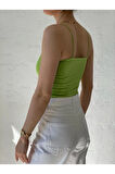 Kadın Fıstık Yeşil İp Askılı Örme Body Bluz HZL24S-ZK11001