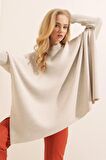 Kadın Krem Oversize Yırtmaçlı Panço Triko Kazak  HZL23W-BD1100761