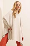 Kadın Krem Oversize Yırtmaçlı Panço Triko Kazak  HZL23W-BD1100761