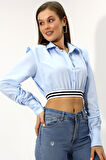 Kadın Açık Mavi Uzun Kollu Crop Detaylı Poplin Gömlek HZL23W-DSB110091