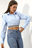 Kadın Açık Mavi Uzun Kollu Crop Detaylı Poplin Gömlek HZL23W-DSB110091