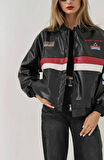 Kadın Siyah Oversize Baskılı Suni Deri Bomber Ceket HZL25W-BD110431