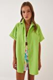 Kadın Fıstık Yeşili Oversize Uzun Kısa Kollu Basic Poplin Gömlek HZL22S-BD1201201