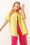 Kadın Sarı Oversize Uzun Kısa Kollu Basic Poplin Gömlek HZL22S-BD1201201