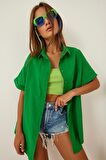 Kadın Koyu Yeşil Oversize Uzun Kısa Kollu Basic Poplin Gömlek HZL22S-BD1201201