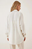 Kadın Ekru Oversize Çift Cepli Keten Gömlek HZL22S-BD1201261