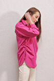Kadın Fuşya Oversize Yandan Yırtmaçlı  Ip Büzgülü  Gömlek HZL23W-BD1201321