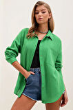 Kadın Yeşil Tek Cepli Oversize Keten Ayrobin Gömlek HZL24S-BD1201531