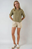 Kadın Haki Keten Görünümlü Crop Gömlek HZL25S-BD1203391