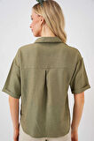 Kadın Haki Keten Görünümlü Crop Gömlek HZL25S-BD1203391