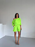 Kadın Neon Yeşil 2 İplik Kayık Yaka Bluz Şort Alt Üst Takım HZL25S-120511