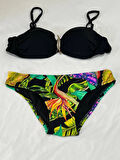 Kadın Siyah Taş İşlemeli Toka Aksesuarlı Astarlı Bikini Takım HZL25S-LC208