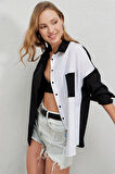 Kadın Siyah Beyaz Renk Bloklu Oversize Poplin Basic Gömlek HZL22S-BD1201161