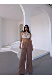 Kadın Camel Beli Lastikli Müslin Kumaş Bol Paça Pantolon HZL25S-DSB12221