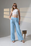 Kadın Mavi Beli Lastikli Müslin Kumaş Bol Paça Pantolon HZL25S-DSB12221