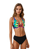 Kadın Siyah Çok Renkli Yüksel Bel Astarlı Bikini Takımı HZL25S-LC22315
