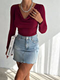 Kadın Bordo Degaje Yaka Yandan Büzgülü Uzun Kol Sandy Bluz HZL24W-FRY122481