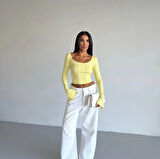 Kadın Sarı Uzun Kollu Arkası Bağlamalı Fit Kesim Crop Bluz HZL25W-FRY122771