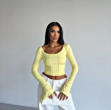 Kadın Sarı Uzun Kollu Arkası Bağlamalı Fit Kesim Crop Bluz HZL25W-FRY122771