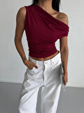 Kadın Bordo Yandan Drapeli Kayık Yaka Sandy Bluz HZL25S-FRY123201