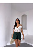 Kadın Zümrüt Yeşil Bağlama Detay Müslin Şort HZL25S-DSB2323