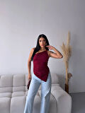Kadın Bordo Tek Omuz Asimetrik Kesim Sandy Bluz HZL25S-FRY123241