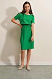 Kadın Yeşil Elastik Bel Düğme Detaylı Rahat Örme Elbise HZL22S-BD123751