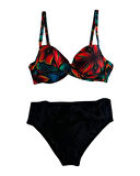 Kadın Siyah Kırmızı Çiçek Desenli Astarlı Büyük Beden Bikini Takımı HZL25S-LC24108