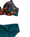 Kadın Petrol Yeşili Çiçek Desenli Astarlı Büyük Beden Bikini Takımı HZL25S-LC24108