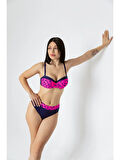 Kadın Fuşya Lacivert Desenli Astarlı Bikini Takımı HZL25S-LC25143