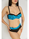 Kadın Mavi Siyah Desenli Astarlı Bikini Takımı HZL25S-LC25143