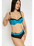 Kadın Mavi Siyah Desenli Astarlı Bikini Takımı HZL25S-LC25143