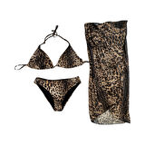 Kadın Leopar Desen Boyundan Bağlamalı Etekli  Bikini Takımı HZL25S-LC3220