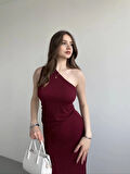 Kadın Bordo Gofre Kumaş Tek Omuz Bluz HZL25S-ZK13271
