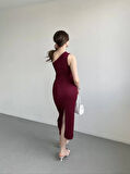 Kadın Bordo Gofre Kumaş Tek Omuz Bluz HZL25S-ZK13271