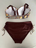 Kadın Kahve Çiçek Desenli Büyük Beden Astarlı Lacivert Bikini Takım HZL25S-LC3301