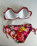 Kadın Kırmızı Taş İşlemeli Çiçek Desenli Bikini Takım HZL25S-LC3368