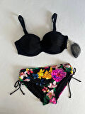 Kadın Siyah Taş İşlemeli Çiçek Desenli Bikini Takım HZL25S-LC3368