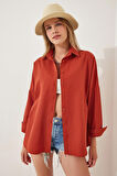 Kadın Kiremit Oversize Uzun Basic Gömlek HZL22W-BD139001