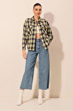 Kadın Yeşil Siyah Metal Düğmeli Ekose Desen Kaşe Oduncu Gömlek HZL24W-BD139541