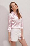 Kadın Pembe Hafif Dökümlü Saten Yüzeyli Gömlek HZL22W-BD139641