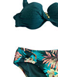 Kadın Zümrüt Yeşil Taş İşlemeli Aksesuar Detaylı Astarlı Bikini Takımı HZL25S-LC4005
