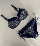 Kadın Lacivert Beyaz Desenli Büyük Beden Astarlı Bikini Takım HZL25S-LC4006