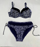 Kadın Lacivert Beyaz Desenli Büyük Beden Astarlı Bikini Takım HZL25S-LC4006