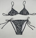 Kadın Leopar Siyah Boyundan İp Bağlamalı Üçgen Bikini Takımı HZL25S-LC5005