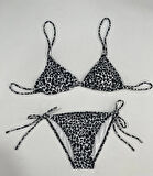 Kadın Leopar Siyah Boyundan İp Bağlamalı Üçgen Bikini Takımı HZL25S-LC5005