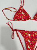 Kadın Kırmızı Karpuz Desen Boyundan İp Bağlamalı Üçgen Bikini Takımı HZL25S-LC5005