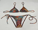 Kadın Kahverengi Etnik Desen Boyundan İp Bağlamalı Üçgen Bikini Takımı HZL25S-LC5005