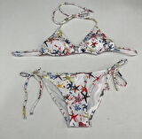 Kadın Beyaz Yıldız Temalı Boyundan İp Bağlamalı Üçgen Bikini Takımı HZL25S-LC5005