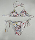 Kadın Beyaz Yıldız Temalı Boyundan İp Bağlamalı Üçgen Bikini Takımı HZL25S-LC5005